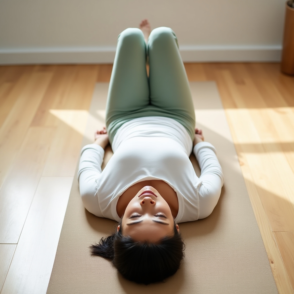Person doing floor-based body awareness movement exploration on a yoga mat in a light-filled room