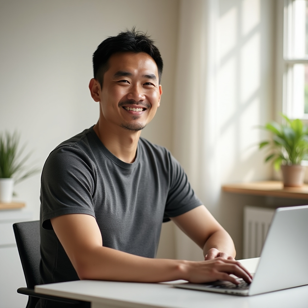 Person sitting at desk demonstrating mindful posture with upright alignment